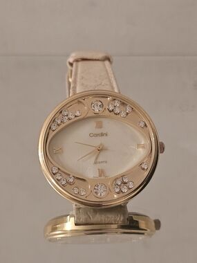 Women's Gold-Tone Crystal Accent Cream Leather Strap Watch